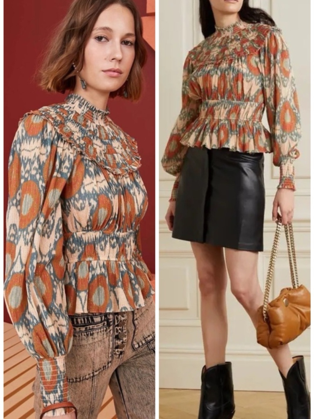 Ulla Johnson Noor Printed Blouse Bishop Sleeve Mock Neck Nimbus SZ US 2